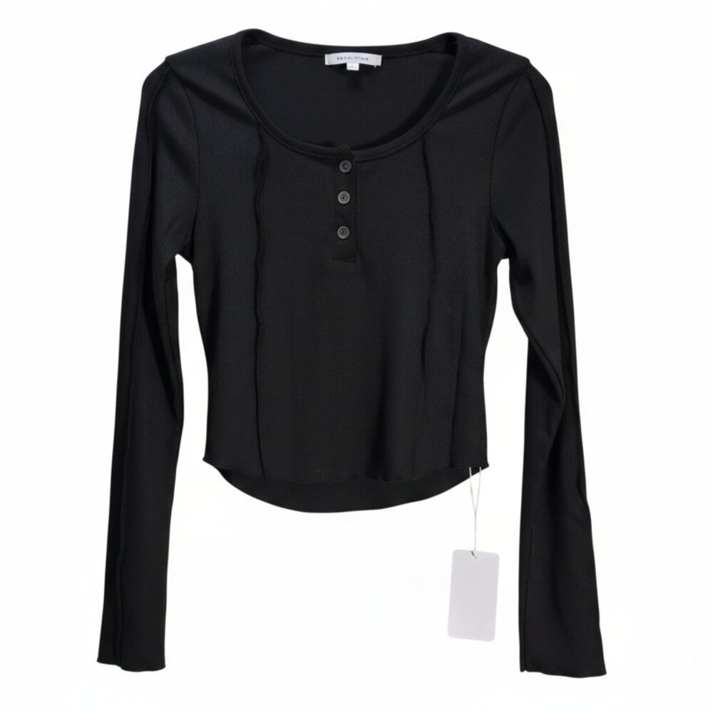 NWT | Black Ribbed Henley Long Sleeve Crop Top | Medium